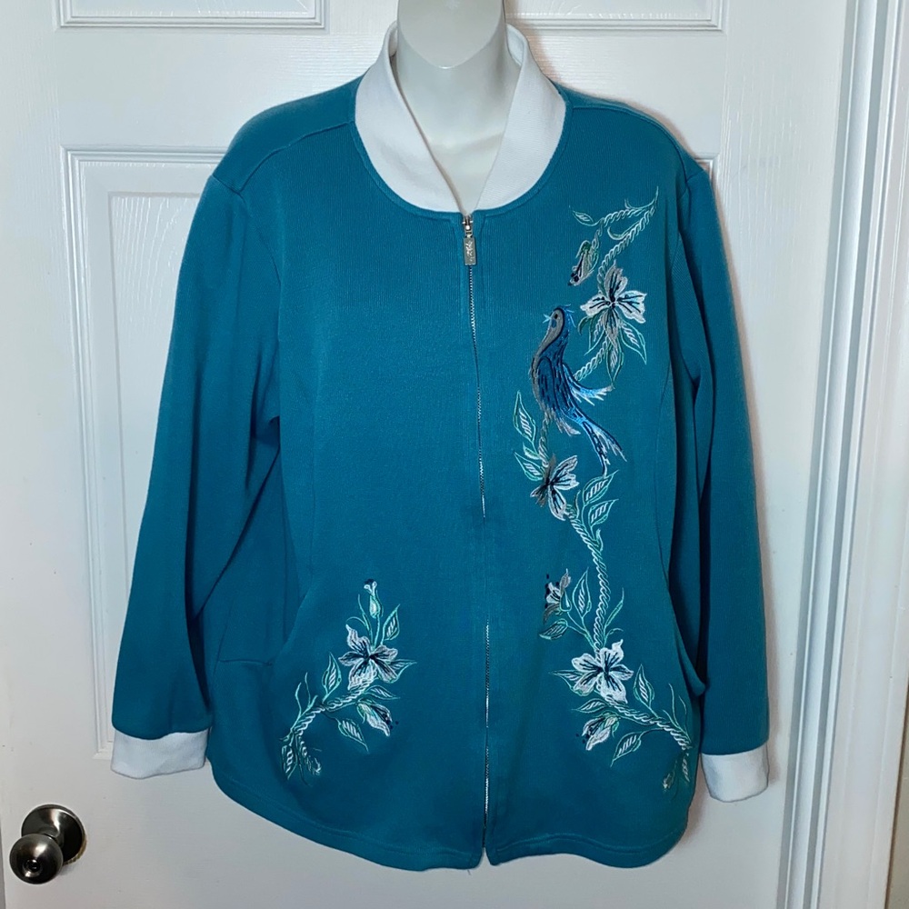 Vintage Bob Mackie Wearable Art Large Aqua & White Zip-Up Cardigan Sweater 1X